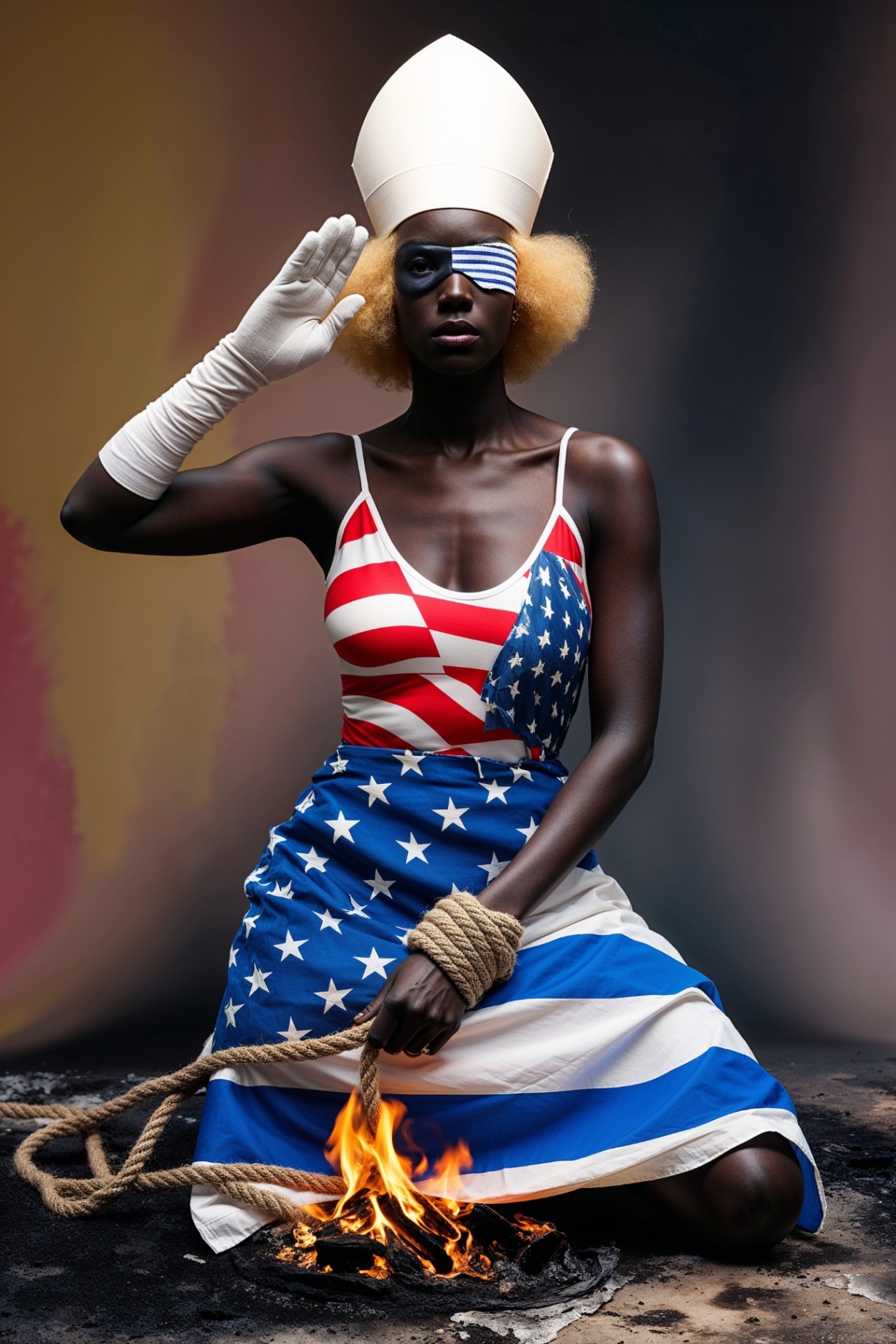 Kneeling figure in flag-dress with striped blindfold, bound wrists, and small fire