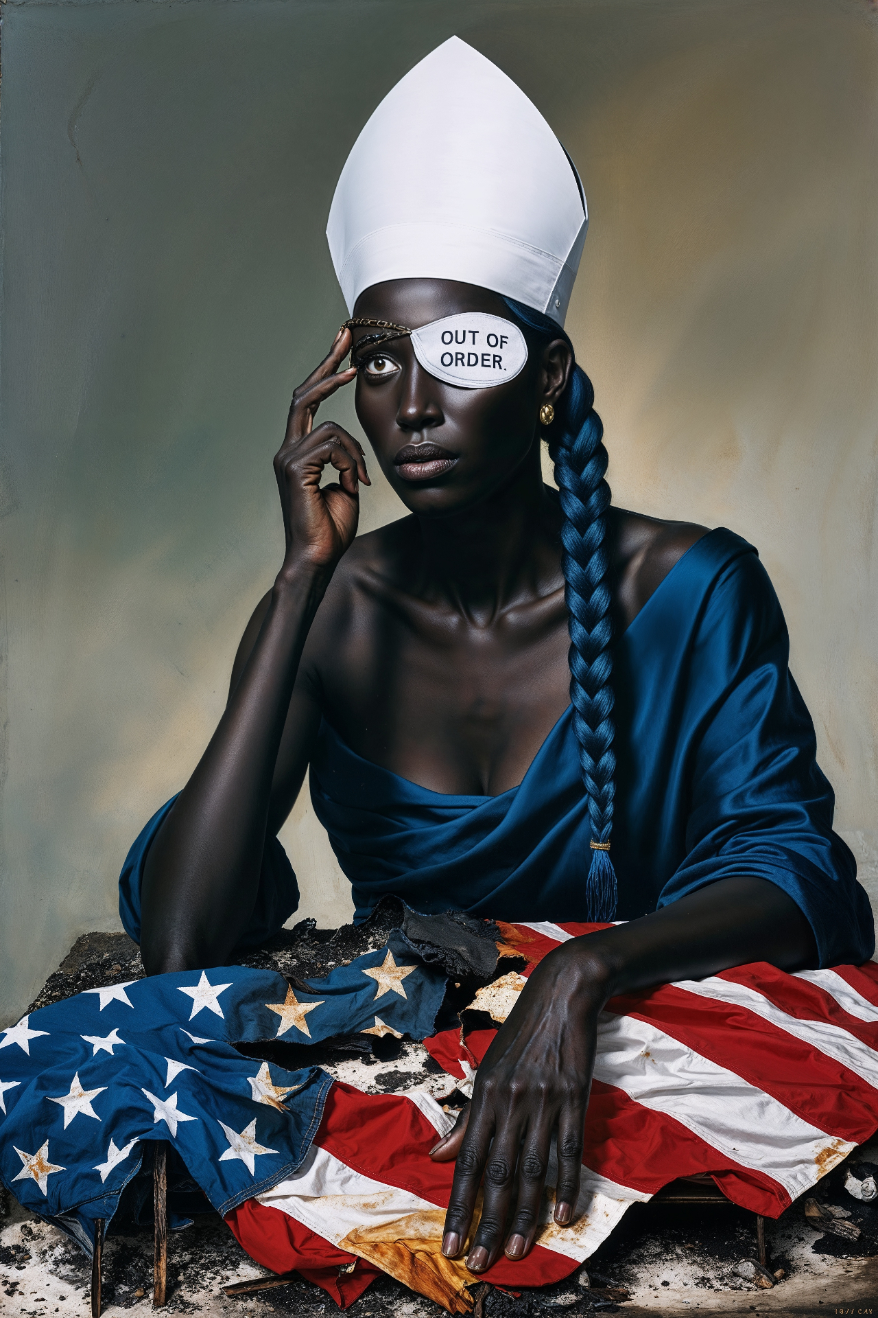 Seated blue-braided figure with OUT OF ORDER eye patch on burnt US flag