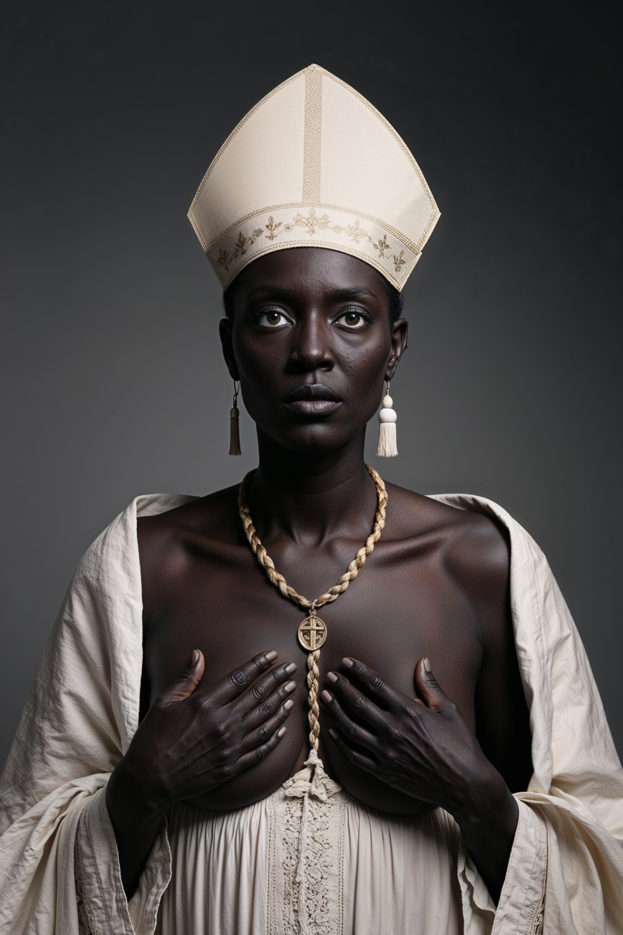 Figure in ivory mitre with hands cupping breasts and braided rope pectoral cross