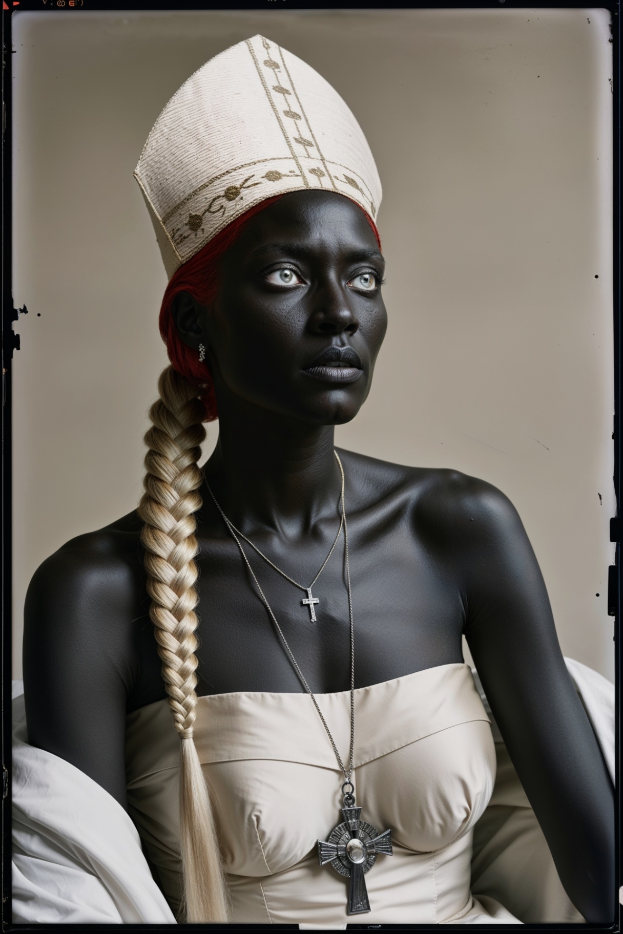 Figure in cream mitre with red hairline, blonde plait, silver pectoral cross
