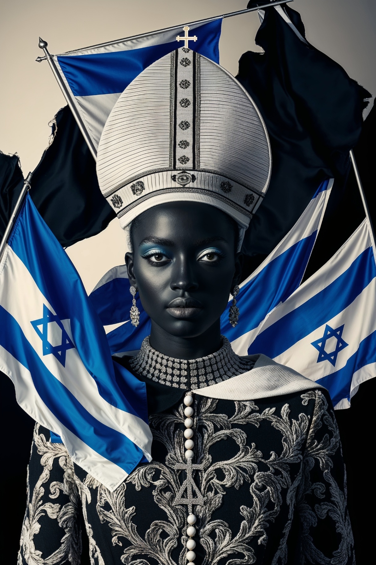 Ornate silver mitre with brocade coat under four hoisted Israeli flags
